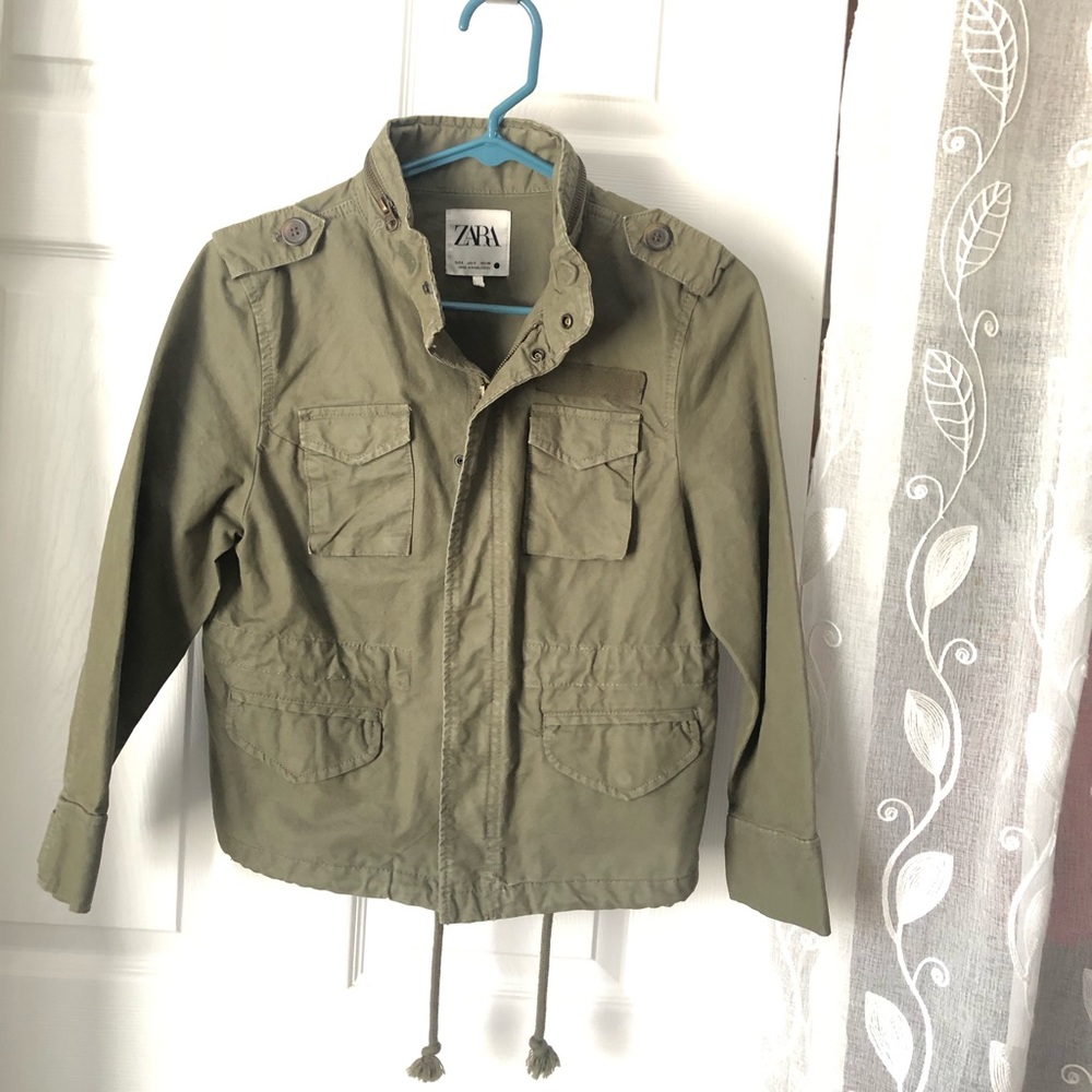 ZARA army utility jacket adjustable waist drawstring women sz S 100% cotton zip